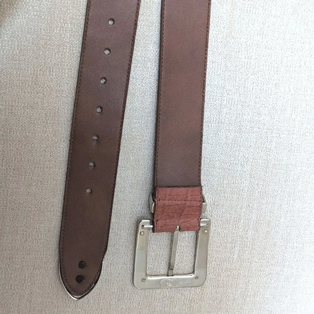 Genuine Leather Croc Embossed Brown Belt Gold & Silver Buckle and Tip Vintage